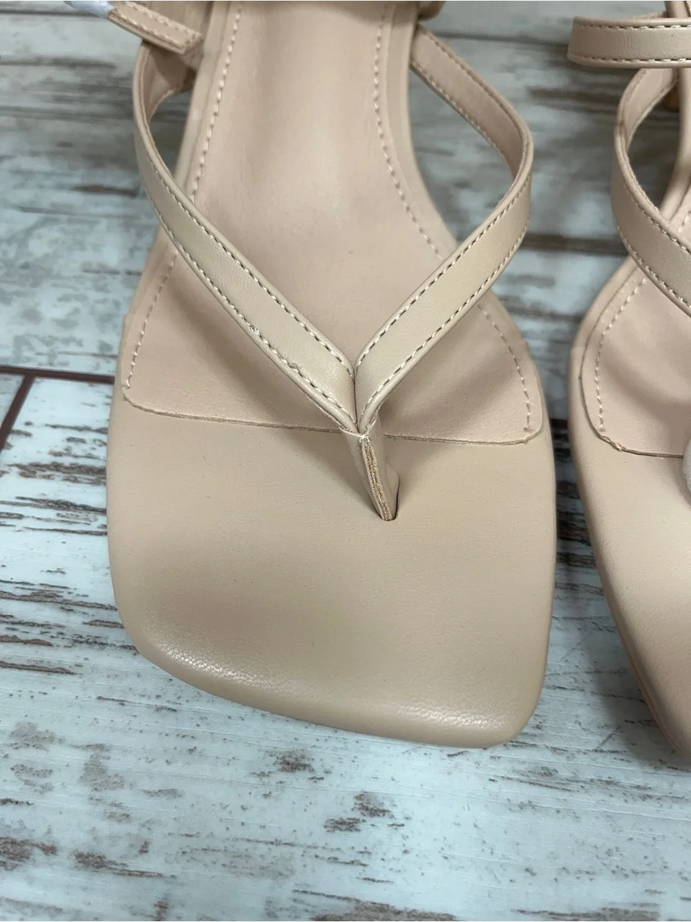 Coutgo  Beige Square Toe Kitten Heel Thong Sandals Strappy 10